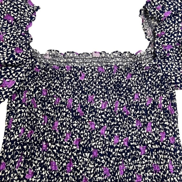 Maje Rappa Floral Print Smocked Puff Sleeve Dress Pockets Navy Purple Size M - Picture 7 of 14